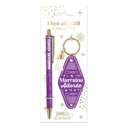 Duo marraine Adorée - stylo & porte-clés pailletés