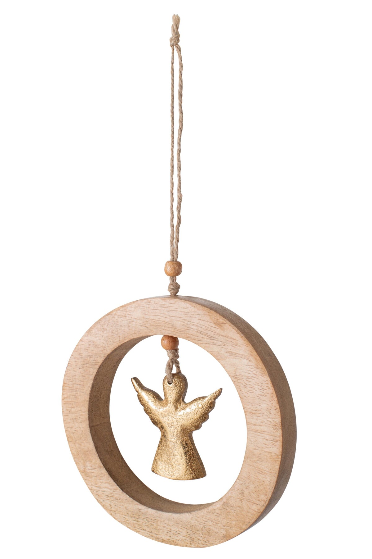 Suspension ange dans cercle bois de manguier naturel/doré l – J-line