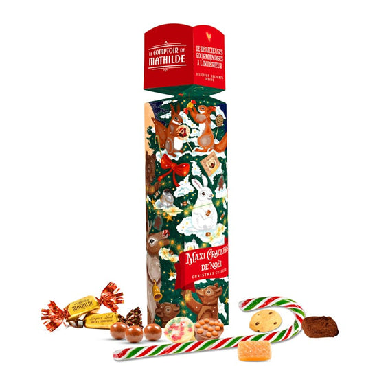 Maxi Crackers Noël 100G (Composé De 2 mini chocolats, 2 Papillotes en chocolat, de pates de fruit, 1 sucre d'orge 40g, 2 mini biscuits)