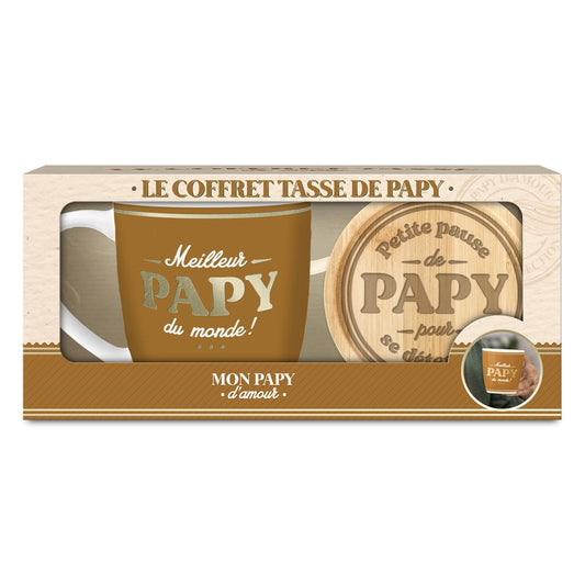 Coffret tasse Papy marron et sous-tasse en bois