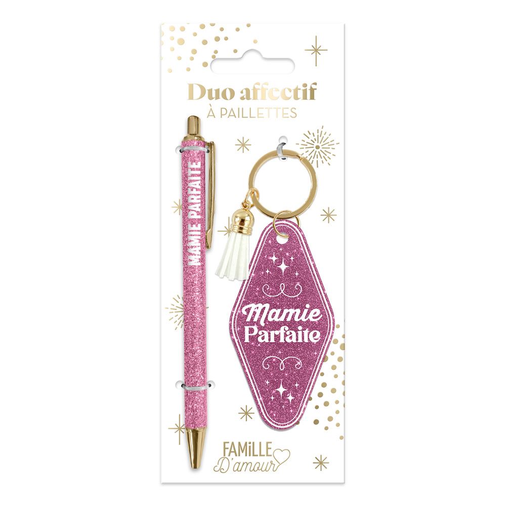 Coffret stylo porte clés paillettes mamie