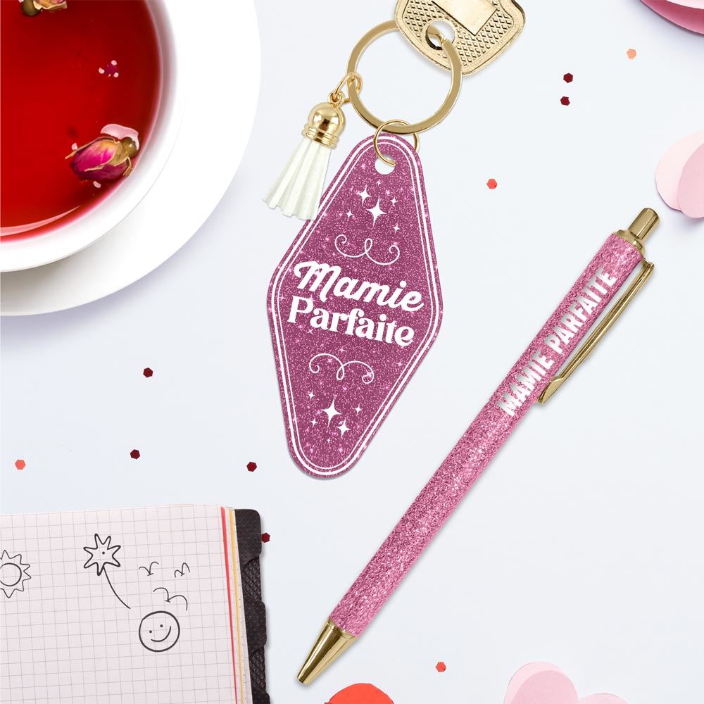 Coffret stylo porte clés paillettes mamie