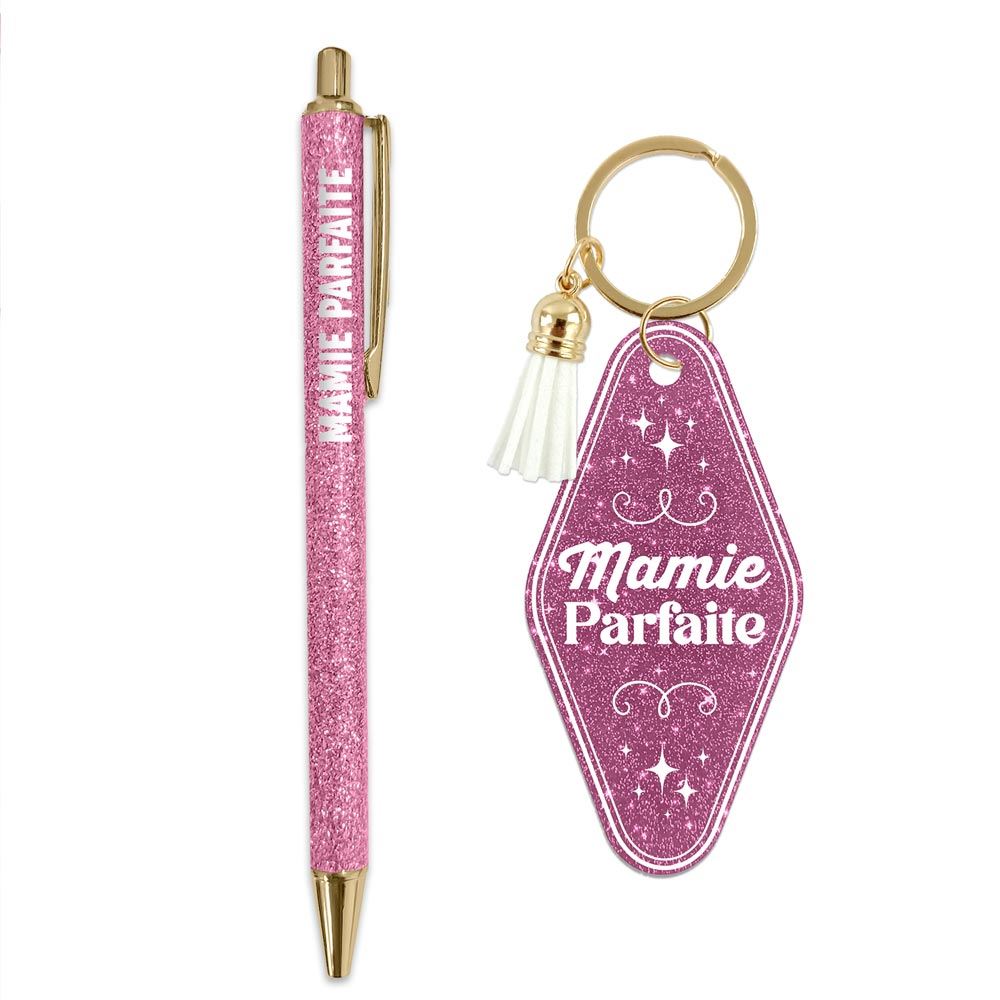 Coffret stylo porte clés paillettes mamie