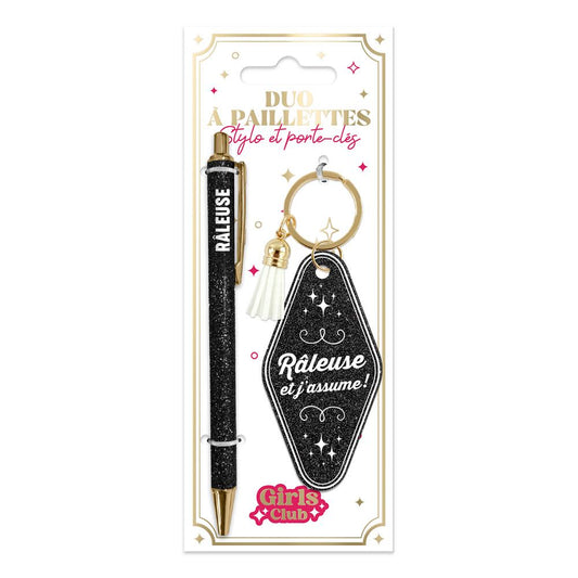 Duo porte clés stylo paillette râleuse