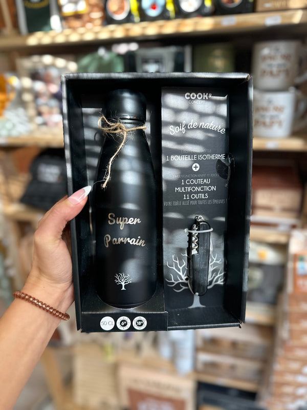 Coffret Parrain – gourde personnalisée et couteau