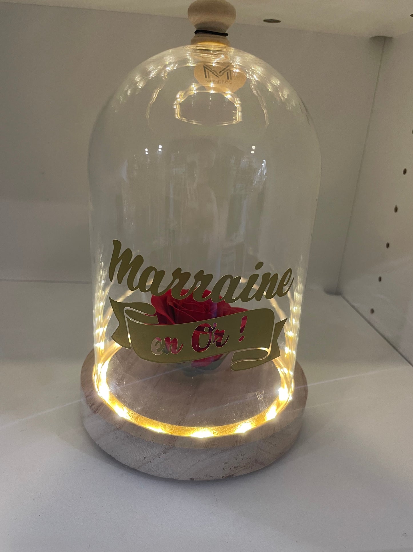 Cloche lumineuse Marraine personnalisée – rose sous verre