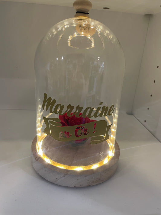 Cloche lumineuse Marraine personnalisée – rose sous verre