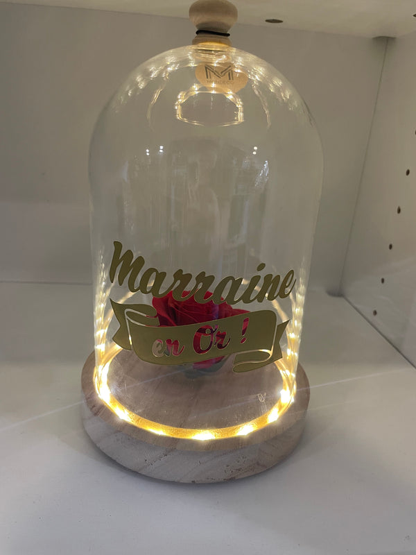 Cloche lumineuse Marraine personnalisée – rose sous verre