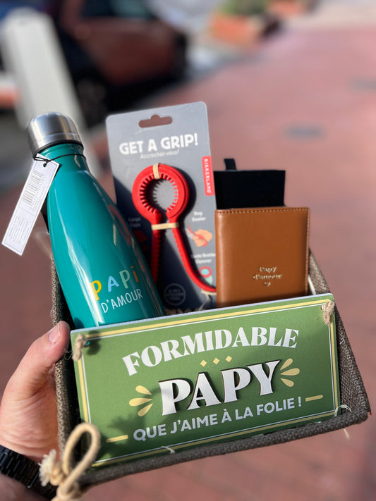 Coffret Papy : bouteille isotherme, portefeuille et accessoires