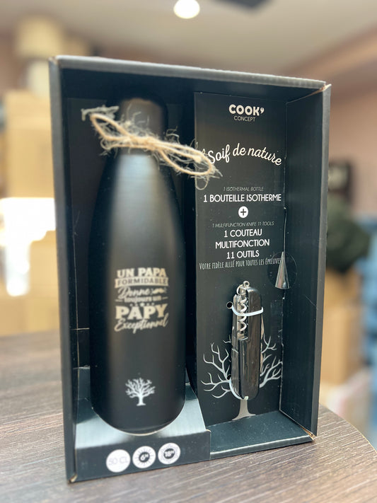 Coffret Papy : bouteille isotherme gravée et couteau