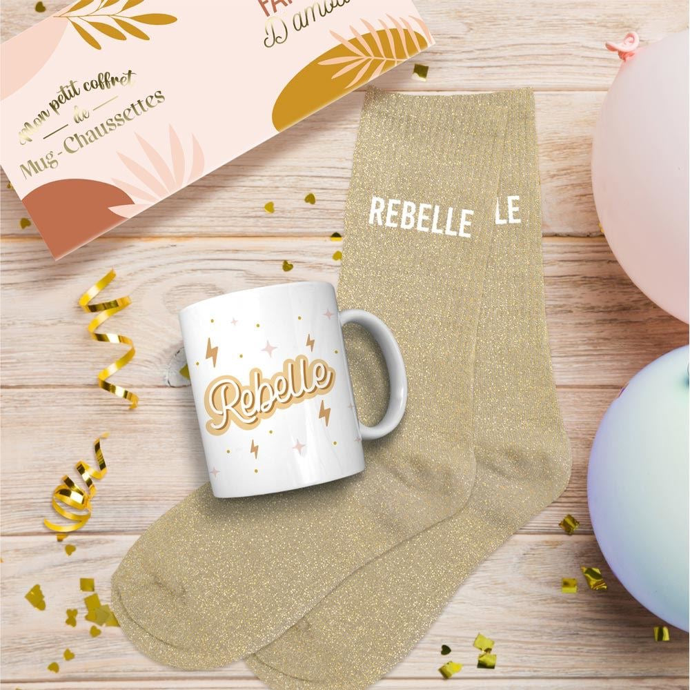 COFFRET MUG/CHAUSSETTES PAILLETTES "REBELLE"