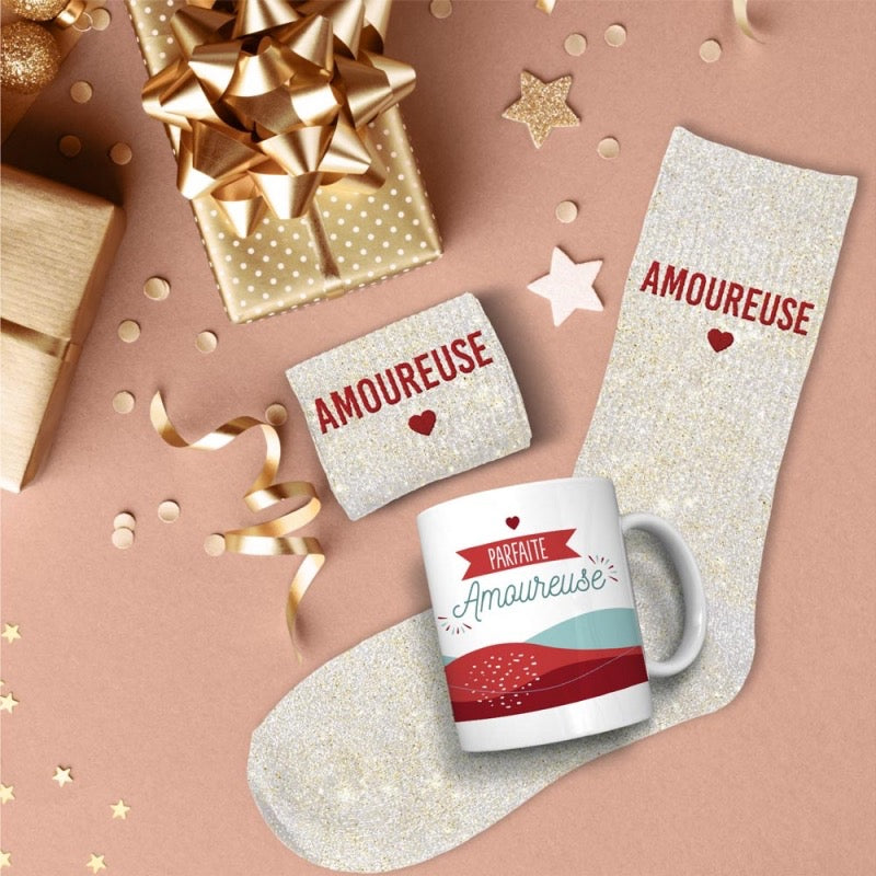 COFFRET MUG/CHAUSSETTES PAILLETTES "AMOUREUSE"