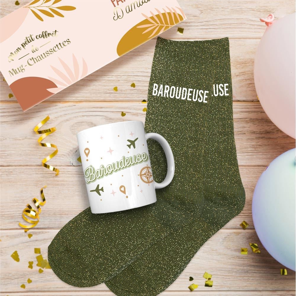 COFFRET MUG/CHAUSSETTES PAILLETTES "BAROUDEUSE"