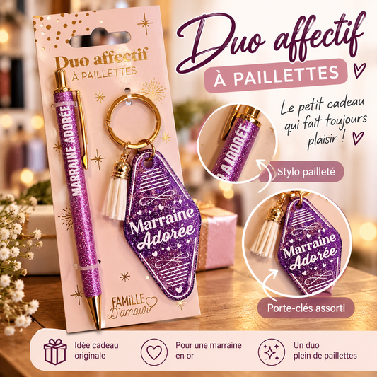 Duo Marraine adorée – stylo et porte-clés pailletés