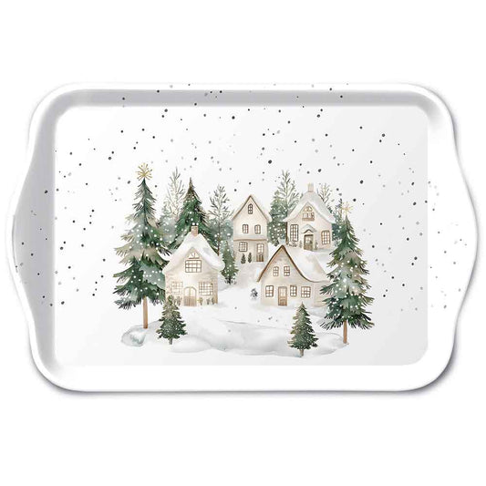 Petit plateau maisons enneigées en mélamine – 13 × 21 cm