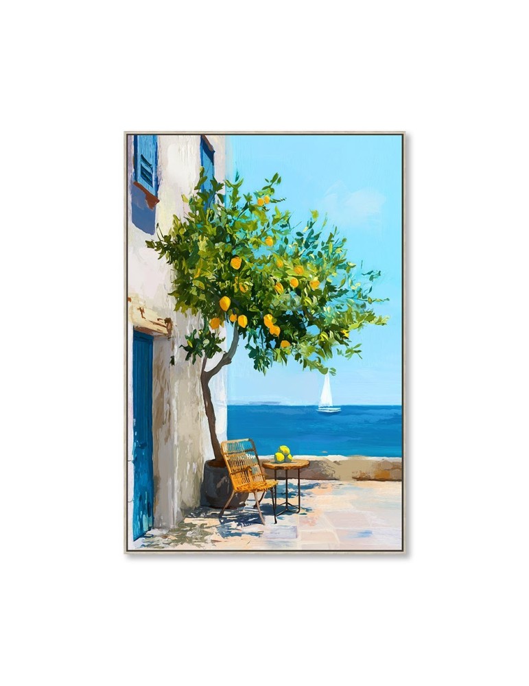 Toile encadrée citronnier et bord de mer 60 × 90 cm