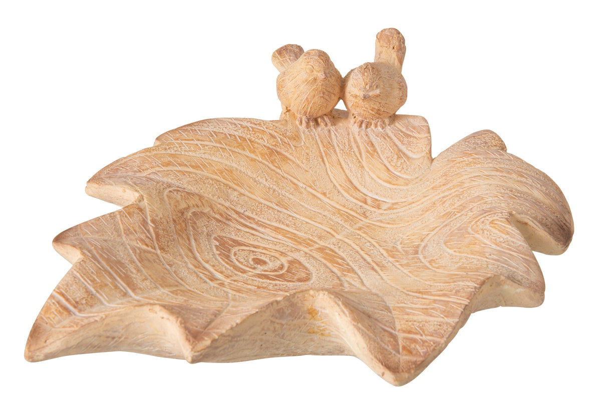 Plateau décoratif feuille + oiseau oxyde de magnésium beige l – J-line