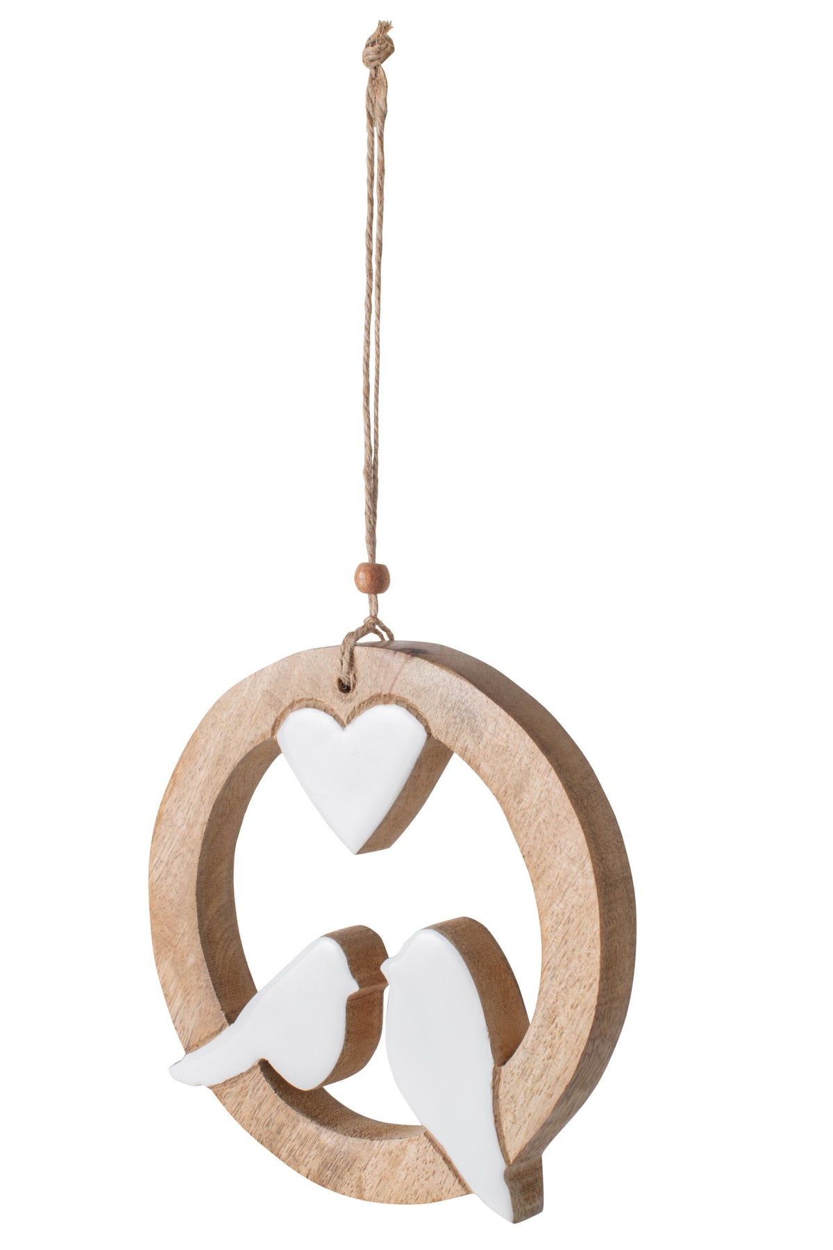 Suspension oiseaux + cœur bois de manguier naturel/blanc l – J-line