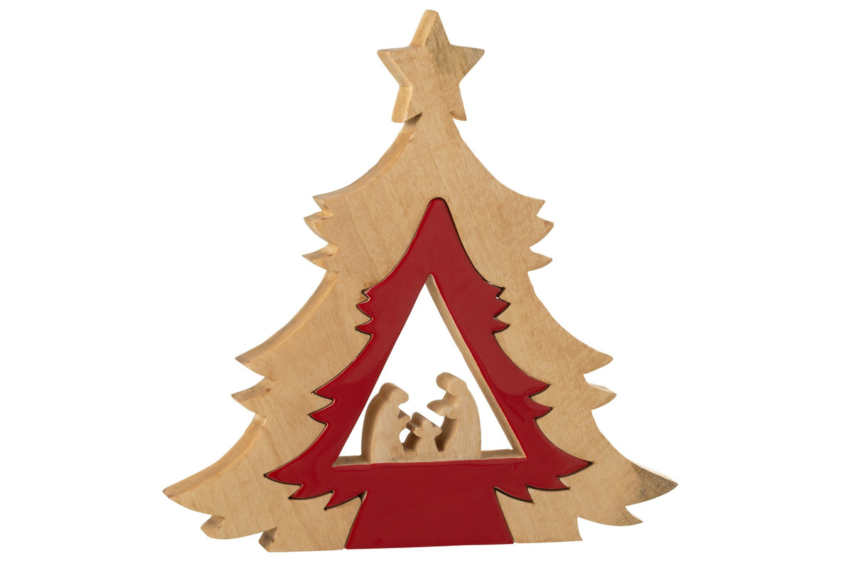 Crèche dans arbre + etoile bois de manguier rouge noël/naturel – J-line