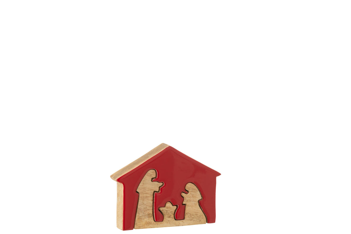 Crèche dans maison bois de manguier rouge noël/naturel s – J-line
