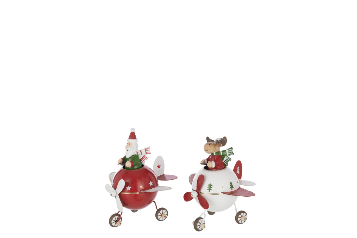 Renne + père noël dans avion métal rouge noël/blanc s – J-line