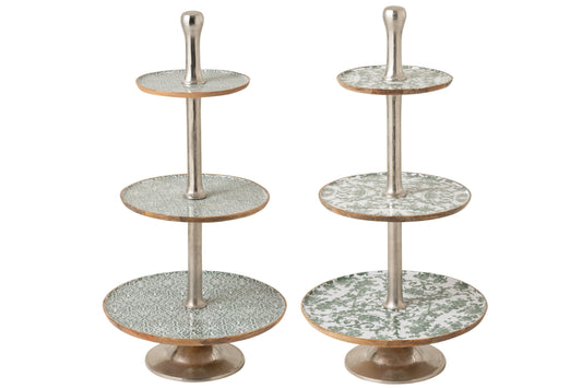 Set de 2 plateau à 3 niveaux bois de manguier vert/blanc – J-line